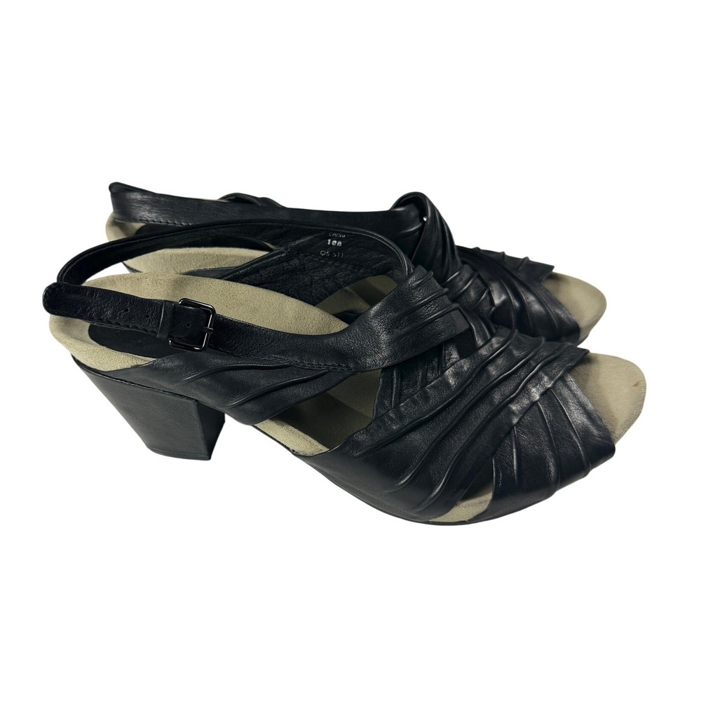 Earthies Capri Black Mooshie Calf Leather Slingback Block Heel Sandals Womens 10